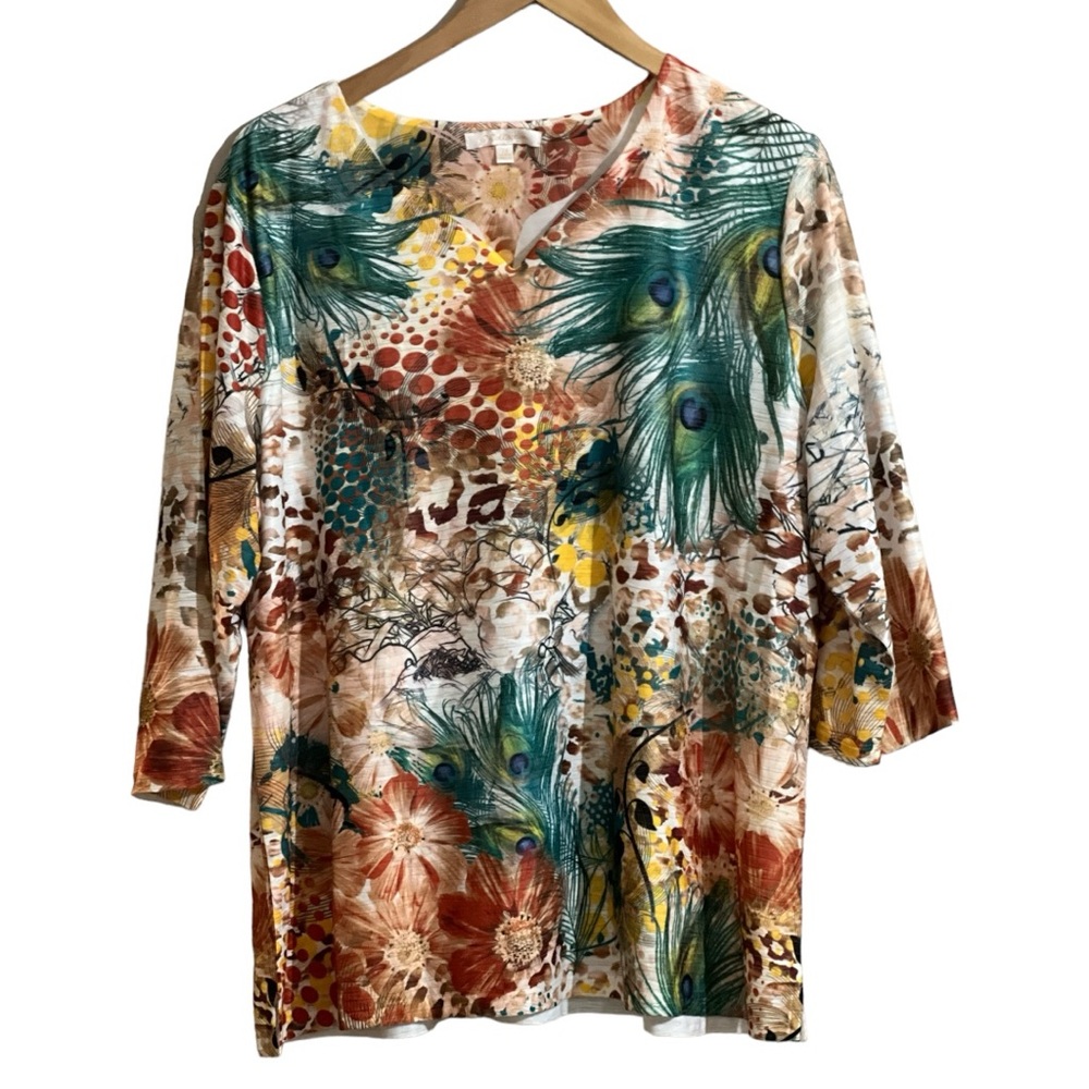 G Collection Women’s Top 2X Artsy Floral Peacock Design Lined 3/4 Sleeves